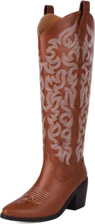 Generic Womens Western Knee High Boots With Rhinestone Swirl Embroidered Design Pointed Toe Faux Leather Chunky Block Heels Pull Tab Smooth Upper And Durable 