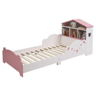 Relaxdays Lettino Relaxdays, 70x140 cm, casetta con ripiano, con sponde anti-caduta, rete a doghe, orsetti, bianco/rosa