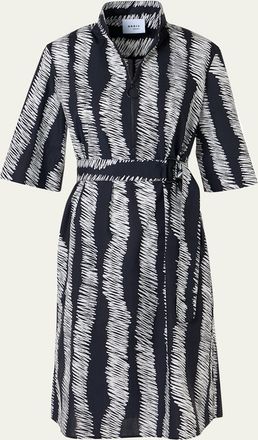 Akris Short-Sleeve Scribble Cotton Poplin Belted Shirtdress
