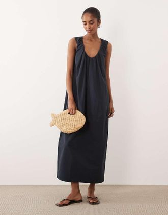 Asos Vestito midi blu navy arricciato con scollo profondo