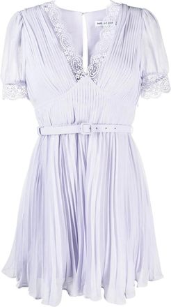 Self Portrait Delicate Lilac Chiffon Mini Dress with Lace Trim and Pleated Design