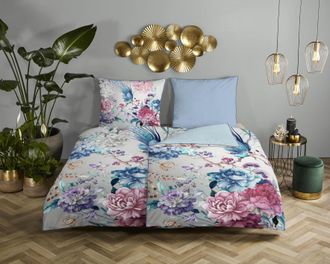 Descanso Wendebettwäsche »Mondet« 2 Stk. tlg. Baumwolle, Satin, 135x200, Biese, Reissverschluss, Wende, Blumen Grau