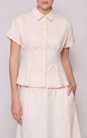 Melloday Godet Short Sleeve Button-Up Shirt in Bone W/Camel Stitch at Nordstrom Rack, Size X-Small