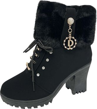 Generic Womens Ankle Boots Faux Fur Booties Lace Up Leather Boot Chunky Heel Boots Ladies Mid Calf Boot High Heel Shoes Rhinestone Buckle Furry Booties Side Z