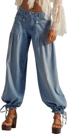 Free People Lotus High Waist Tie Hem Barrel Leg Jeans in Bijou Blue at Nordstrom, Size 30