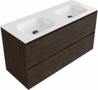 Saniclass Holz Atelier Badkamermeubelset - 120x45x61.5cm - Flow solid surface wastafel wit - 2 wasbakken - 2 kraangaten - 2 lades - mat eiken charcoal (hout)