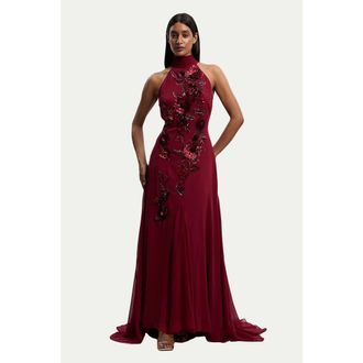 Karen Millen Feather Embellished Halter Maxi Dress in Wine at Nordstrom, Size 10