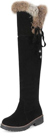 Generic Womens Faux Suede Thigh High Boots Low Block Heel Platform Long Boot Lace Up Over The Knee Boots,Black,6.5 UK