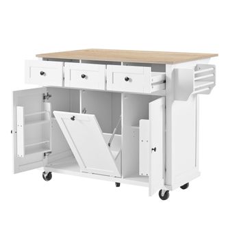 STILVORA Isla De Cocina Con Cajones, Encimera Extensible, Compartimento Para Residuos Y Toallero, Blanco Y Natural
