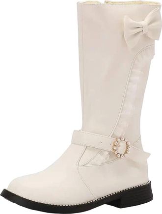 Generic Womens Mid Calf Booties Round Toe Medium Block Heel Slip On With Pearl Buckle And Butterfly-Knot Accent