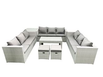 Fimous Rattan Garden Outdoor Furniture Set 11 Seater Garden Sofa Oblong Coffee Table Set with 2 Small Footstool Side Table Light Grey Mixed