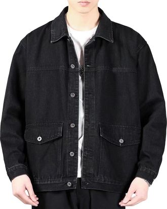 Generic Mens Western Denim Cargo Jacket with Flap Pockets Relaxed-Fit Jean Outwear Tops Easy-Match Washed Jean Coats