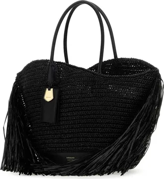 Ferragamo Womens Black Raffia And Leather Big Shopping Bag Neroneronero Borse A Mano