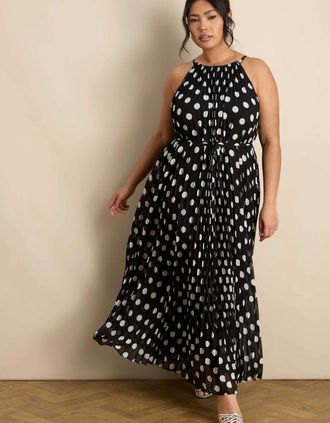 Live Unlimited London Womens Black And White Spot Print Halter Neck Pleated Maxi Dress - Size: 26