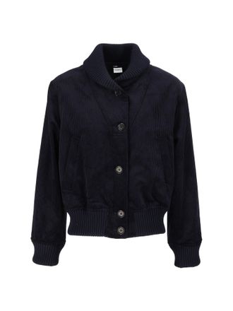 Aspesi Cropped Black Ribbed Shawl-Collar Corduroy Jacket