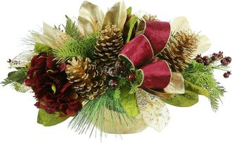 Creative Displays Inc. Hydrangea Holiday Centerpiece With Magnolia Leaves, Pinecones And Velvet Bows