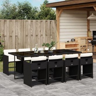 vidaXL Set De Comedor De Jard&iacute;n 9 Pzas Y Cojines Rat&aacute;n Sint&eacute;tico Negro Vidaxl