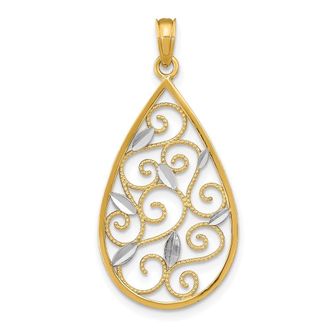 Diamond2Deal 14k Yellow Gold Rhodium Beaded Filigree Diamond-Cut Teardrop Charm