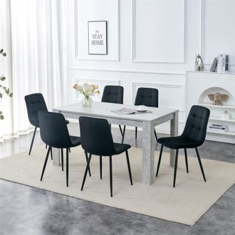 Kosy Koala Stone Grey Effect Wooden Dining Table Set With 6 Black Velvet Chairs Dining Room Furniture in Brown