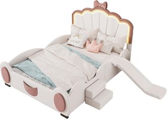 STILVORA Cama Infantil 140 X 200 Cm De Pu Y Mdf Con Led Ajustable, Peque&ntilde;os Pelda&ntilde;os Y Tobog&aacute;n, Sin Colch&oacute;n, Rosa Y Blanco
