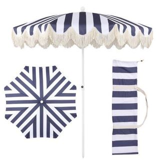 Jonathan Y Designs Mariner 6.5 ft. Classic Cottage Fringe Tassel Market Beach Umbrella with Push Button Tilt in Navy/white - White Pole at Nordstrom