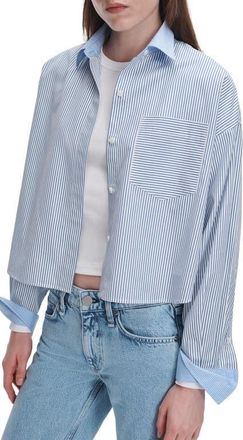 Rag & Bone Marin Striped Cropped Cotton Shirt in Blue Multi Stripe at Nordstrom, Size Xx-Small