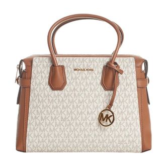 Michael Kors Handbags, female, Beige, Size: ONE SIZE Mercer Medium Signature Logo and Leather Belted Satchel