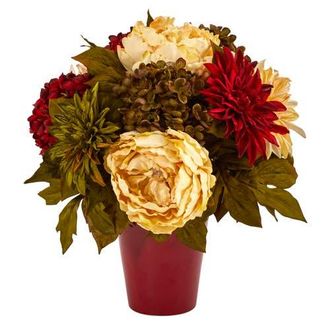 Nearly Natural 14-in Peony, Hydrangea and Dahlia Artificial Arrangement in Burgundy Vase in Red/cream at Nordstrom