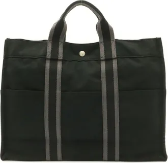 Herm&egrave;s Black Gray Canvas Handbag Tote Bag (Pre-Owned)