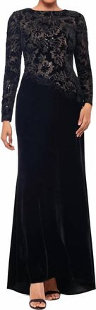 Betsy & Adam Floor Length Sequin And Velvet Long Sleeve Dress In Black/nude