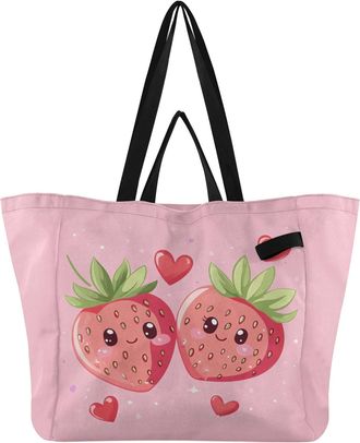 Generic Strawberry Hearts Pink pattern Reusable Canvas Tote Bag, Heavy Duty Grocery Shopping Bag with Large Capacity Hard Bottom Double Handles Work Groceries