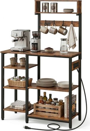 Relaxdays Estanter&iacute;a De Cocina Relaxdays Con Enchufe + Usb, 151x82x40 Cm, Para Microondas, Madera/metal, Marr&oacute;n/negro