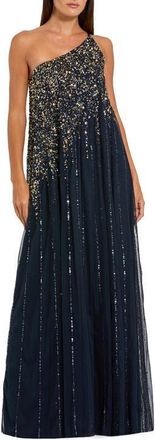 Mac Duggal One Shoulder Embellished Trapeze A Line Gown in Midnight Gold at Nordstrom, Size 14