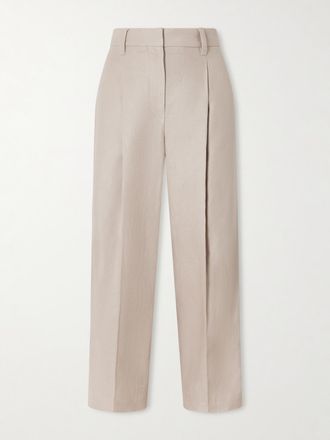 Brunello Cucinelli Pantaloni Cropped A Gamba Larga In Twill Di Lino Con Pinces - Neutri