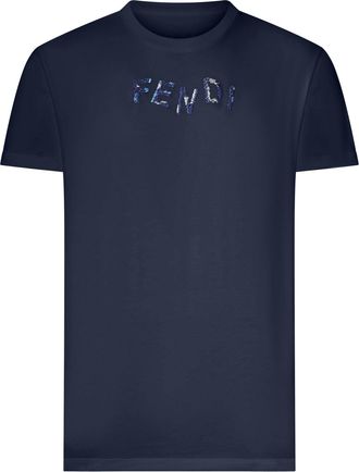 Fendi BLUE COTTON T-SHIRT WITH FRONT LOGO - Fendi - Man