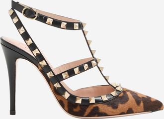 Valentino Garavani Womens Rockstud Pumps With Straps Miele-T.moro-Nero Calf Leather - Bos Taurus Miele-t.moro/nero