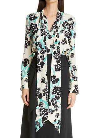 St. John Floral Print Tie Neck Silk Blouse in Chamomile Multi Chmt at Nordstrom, Size 8