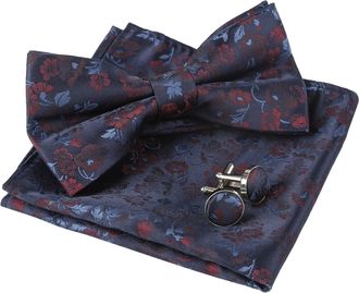 Alizeal Mens Floral Pattern Pre-tied Bow Tie, Pocket Square and Cufflinks Set, Navy+Maroon