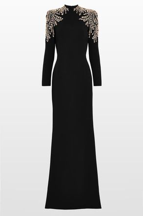 Jenny Packham Cobra Embellished-Shoulders Mock-Neck Maxi Dress in Liquorice at Nordstrom, Size 18 Uk
