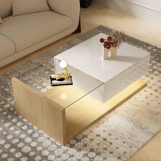 Merax 105cm White High-Gloss & Natural Wood Coffee Table with LED Lights