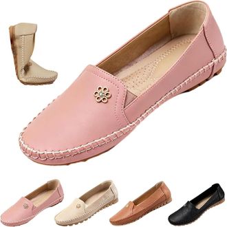 Generic Orthopedic Leather Shoes, Lightweight, Anti-Slip, Breathable for Women Fashion Slip On Stitched Flat-Soled Casual Soft Leather Loafers with Flower (Pi