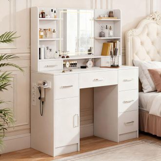 OEM Peluquer&iacute;a Con Espejo, Led, Cajones, Puerto Usb, Soporte Para Secador De Pelo, 110 X 40 X 140 Cm, Blanco