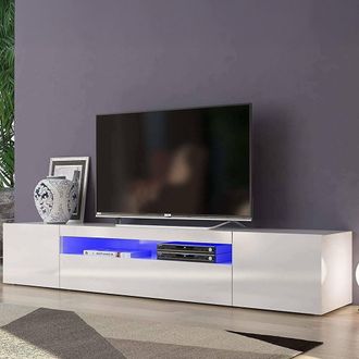 Dmora Dmora - Mueble Para Tv Para Sal&oacute;n, Made In Italy, Mueble Para Tv Con 3 Puertas Y Estantes, Cm 200x40h37, Color Blanco Brillante, Con Luz Led Azul, Con