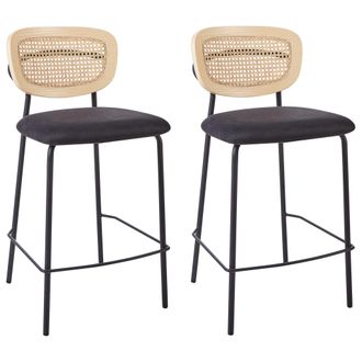Beliani Conjunto De 2 Sillas De Bar Modernas Trenza Vienesa Respaldo De Rat&aacute;n Taburetes Asiento De Poli&eacute;ster Patas Negras Sin Reposabrazos Negro Mayetta