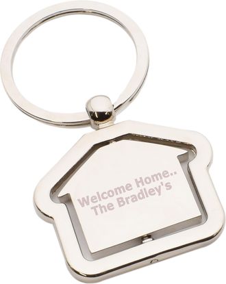 Generic Spinning House Shaped Design Keyring, Chromed Metal, Personalised Message, Presented in a Velvet Pouch