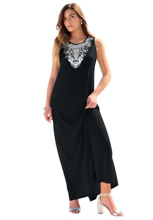 Roaman's Plus Size Sleeveless Crew Neck Maxi Dress in Black Silver Scroll at Nordstrom, Size 24