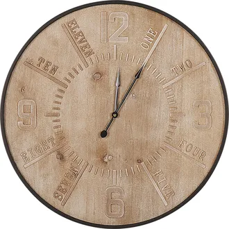 Beliani Beliani - Reloj De Pared De Metal Dorado Mdf Madera Clara Retro &Oslash; 60 Cm Esfera N&uacute;meros Tallados Tablero Pintado