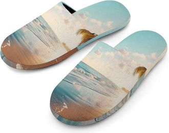 Generic Beach Sunset Mens Slippers Flannel Warm House Shoes with Rubber Anti-Slip Sole Slip On for Home Outdoor
