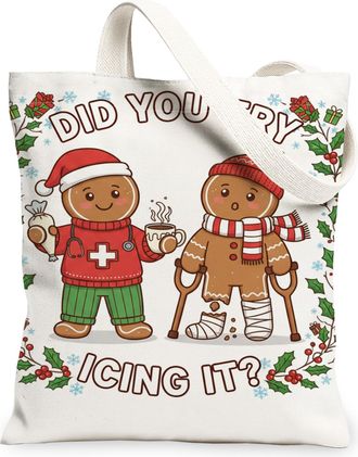 Generic Christmas Gingerbread Canvas Tote Bags, Holiday Characters Pattern Reusable Grocery Bags, Winter Lightweight Washable, White, 13x15 Inch