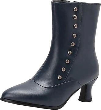 Generic Womens Casual Mid Calf Boots Pointed Toe High Square Heel With Side Zipper Rivet Detail And Platform Daily Booties